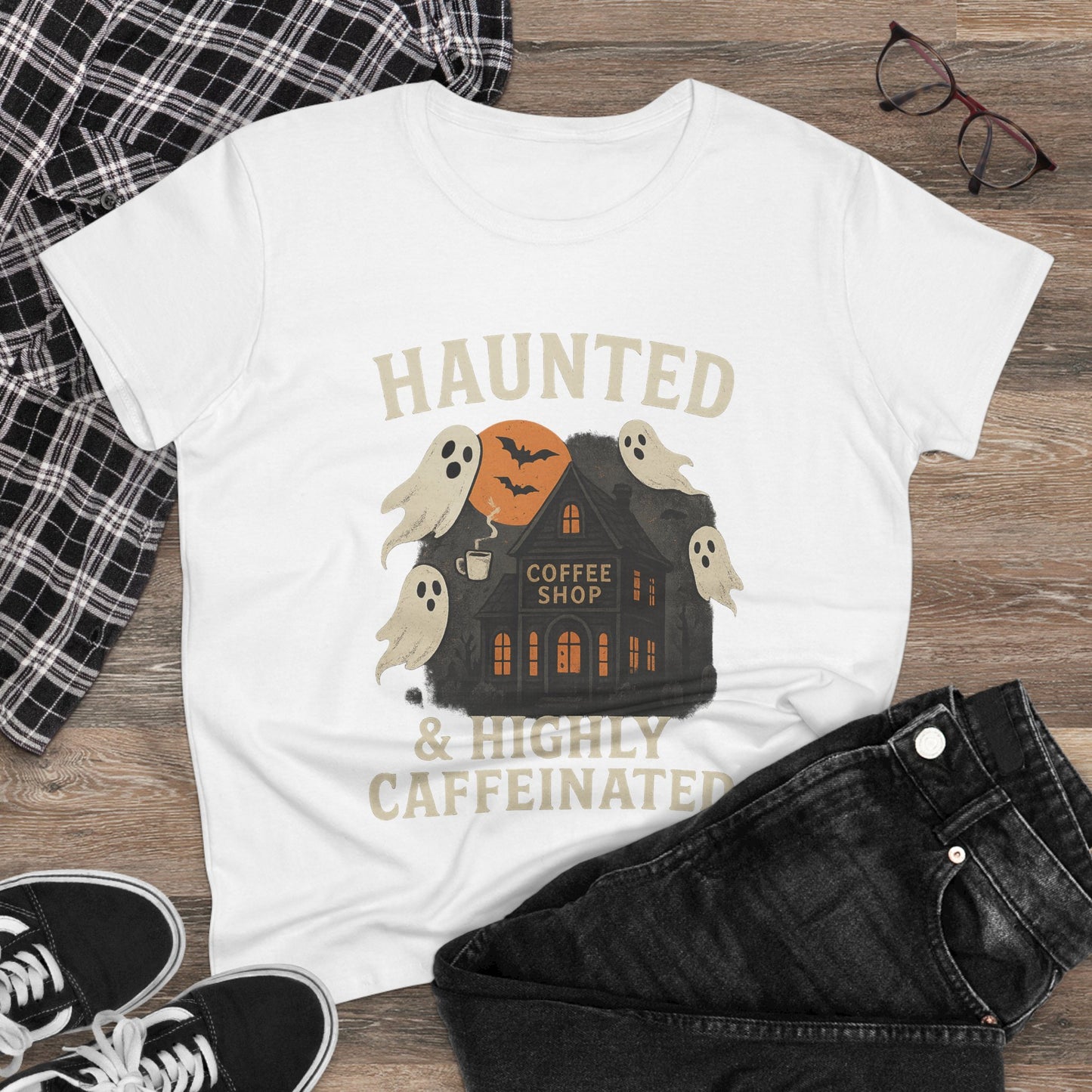 Haunted Coffee Shop Women's Tee, Spooky Halloween T-Shirt, Ghostly Graphic Tee, Gift for Coffee Lovers, Fall Fashion Top