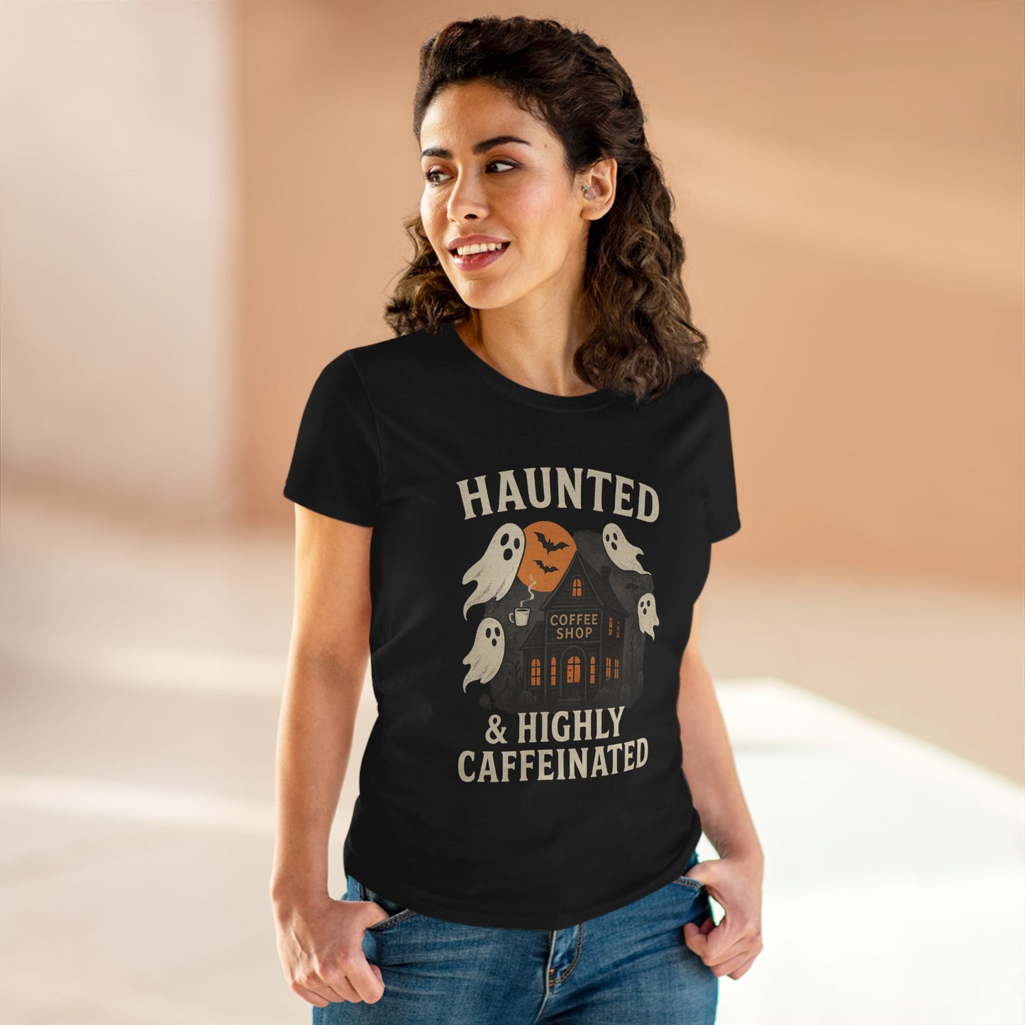 Haunted Coffee Shop Women's Tee, Spooky Halloween T-Shirt, Ghostly Graphic Tee, Gift for Coffee Lovers, Fall Fashion Top