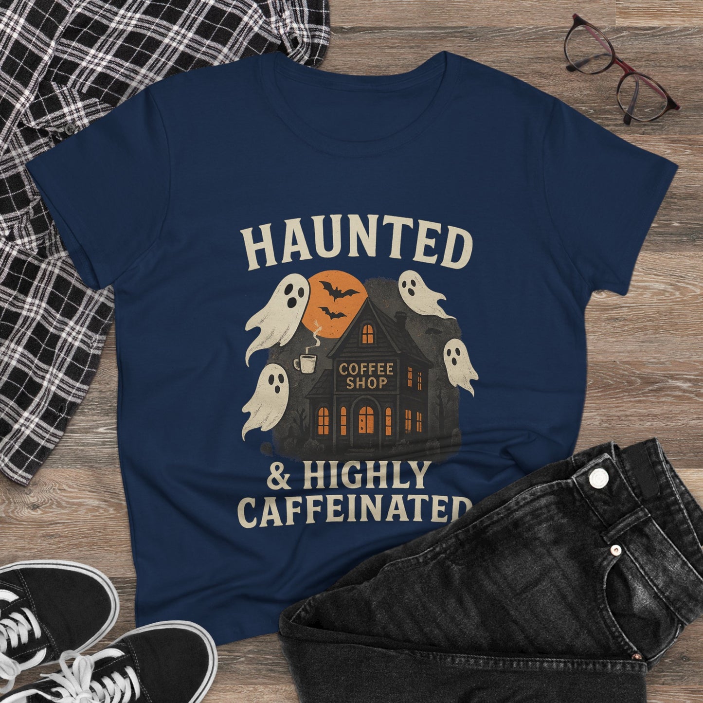 Haunted Coffee Shop Women's Tee, Spooky Halloween T-Shirt, Ghostly Graphic Tee, Gift for Coffee Lovers, Fall Fashion Top