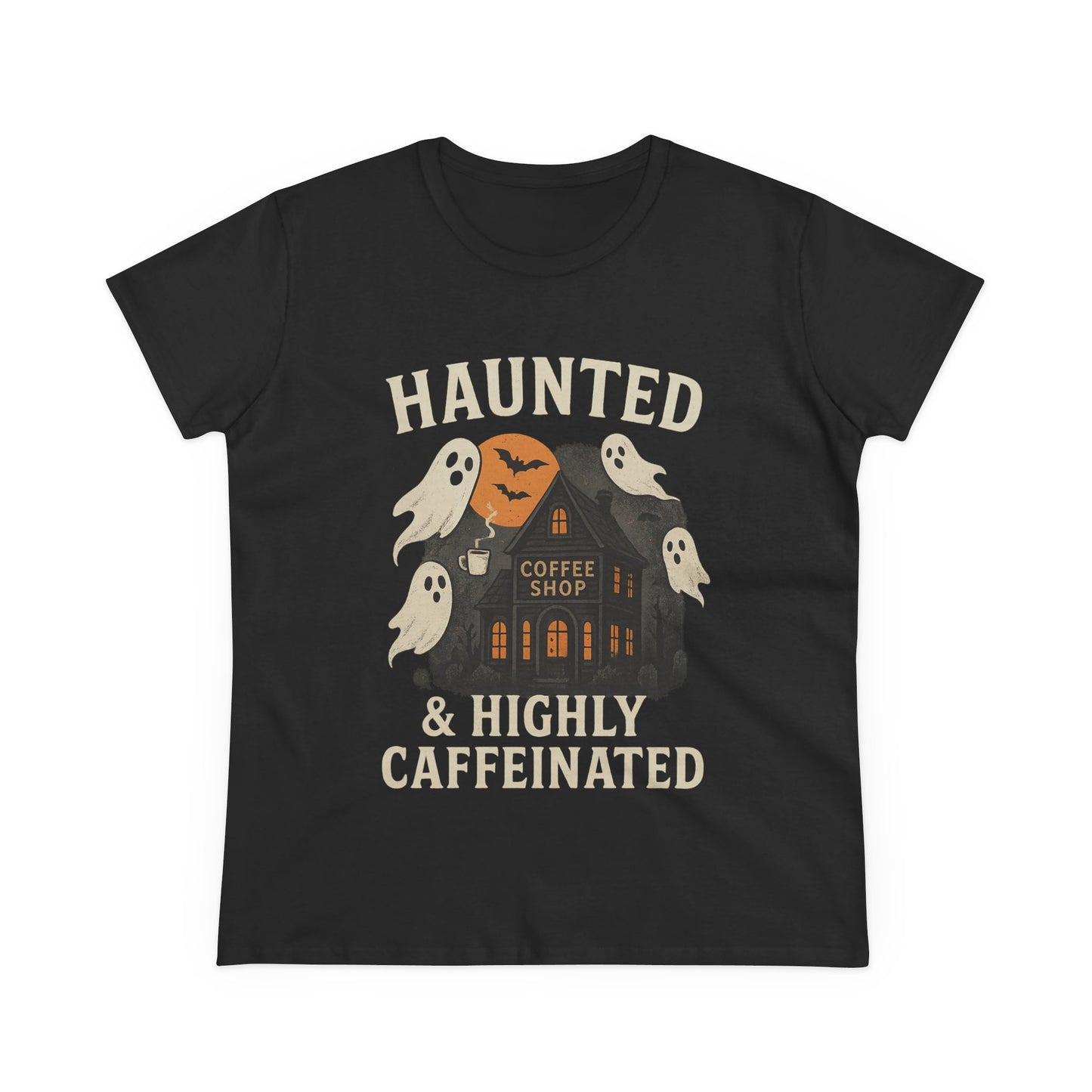 Haunted Coffee Shop Women's Tee, Spooky Halloween T-Shirt, Ghostly Graphic Tee, Gift for Coffee Lovers, Fall Fashion Top