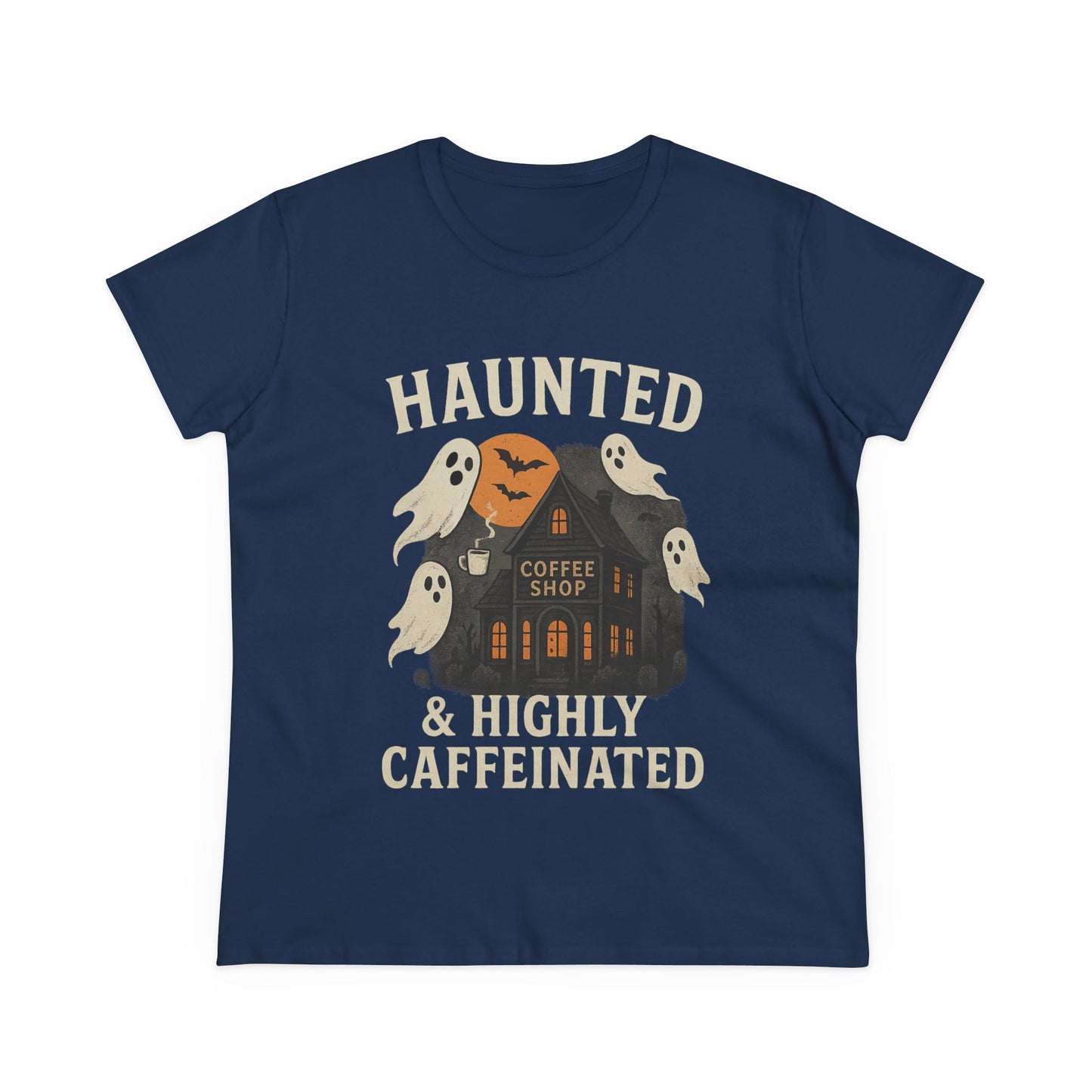 Haunted Coffee Shop Women's Tee, Spooky Halloween T-Shirt, Ghostly Graphic Tee, Gift for Coffee Lovers, Fall Fashion Top
