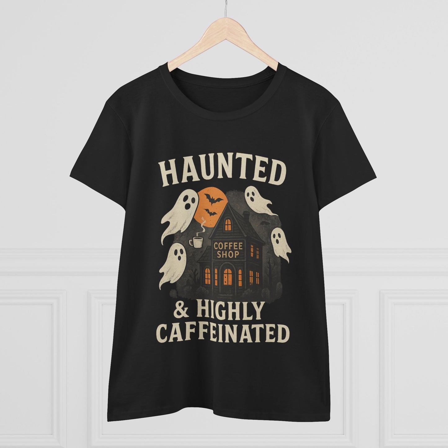 Haunted Coffee Shop Women's Tee, Spooky Halloween T-Shirt, Ghostly Graphic Tee, Gift for Coffee Lovers, Fall Fashion Top