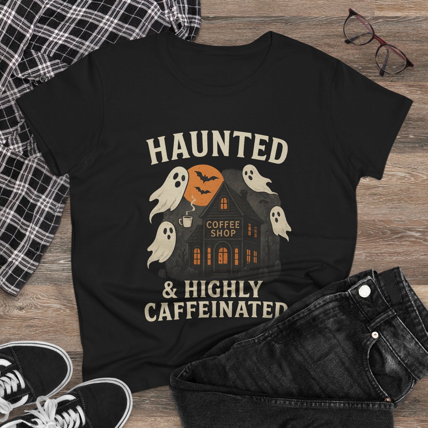 Haunted Coffee Shop Women's Tee, Spooky Halloween T-Shirt, Ghostly Graphic Tee, Gift for Coffee Lovers, Fall Fashion Top