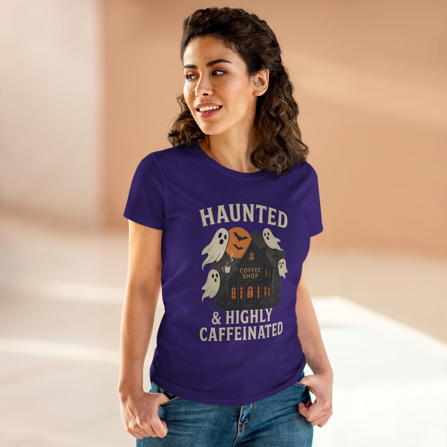 Haunted Coffee Shop Women's Tee, Spooky Halloween T-Shirt, Ghostly Graphic Tee, Gift for Coffee Lovers, Fall Fashion Top