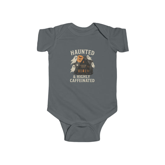 Haunted & Highly Caffeinated Infant Bodysuit, Funny Baby Clothes, Halloween Baby Outfit, Gift for New Parents, Cute Baby Costume
