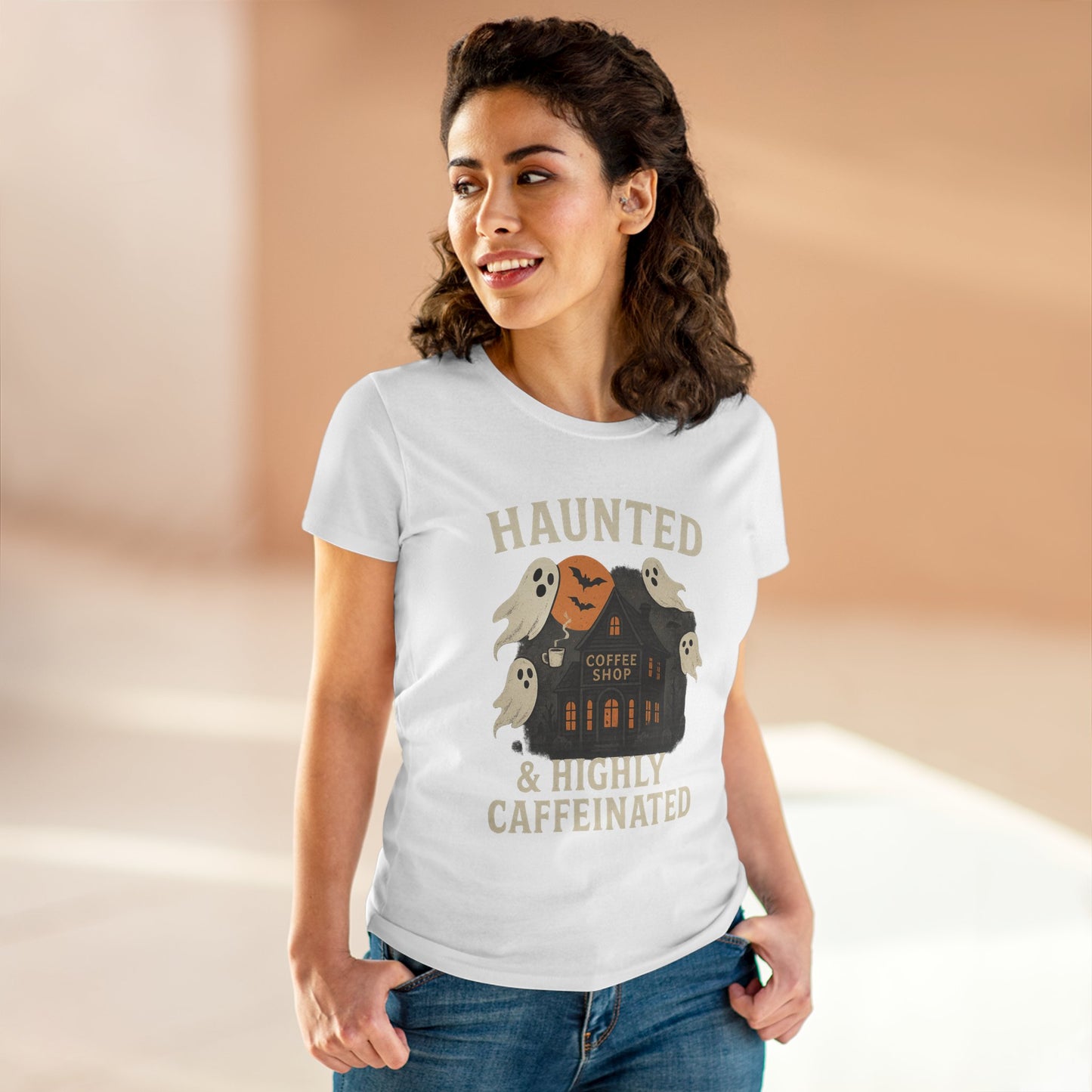 Haunted Coffee Shop Women's Tee, Spooky Halloween T-Shirt, Ghostly Graphic Tee, Gift for Coffee Lovers, Fall Fashion Top