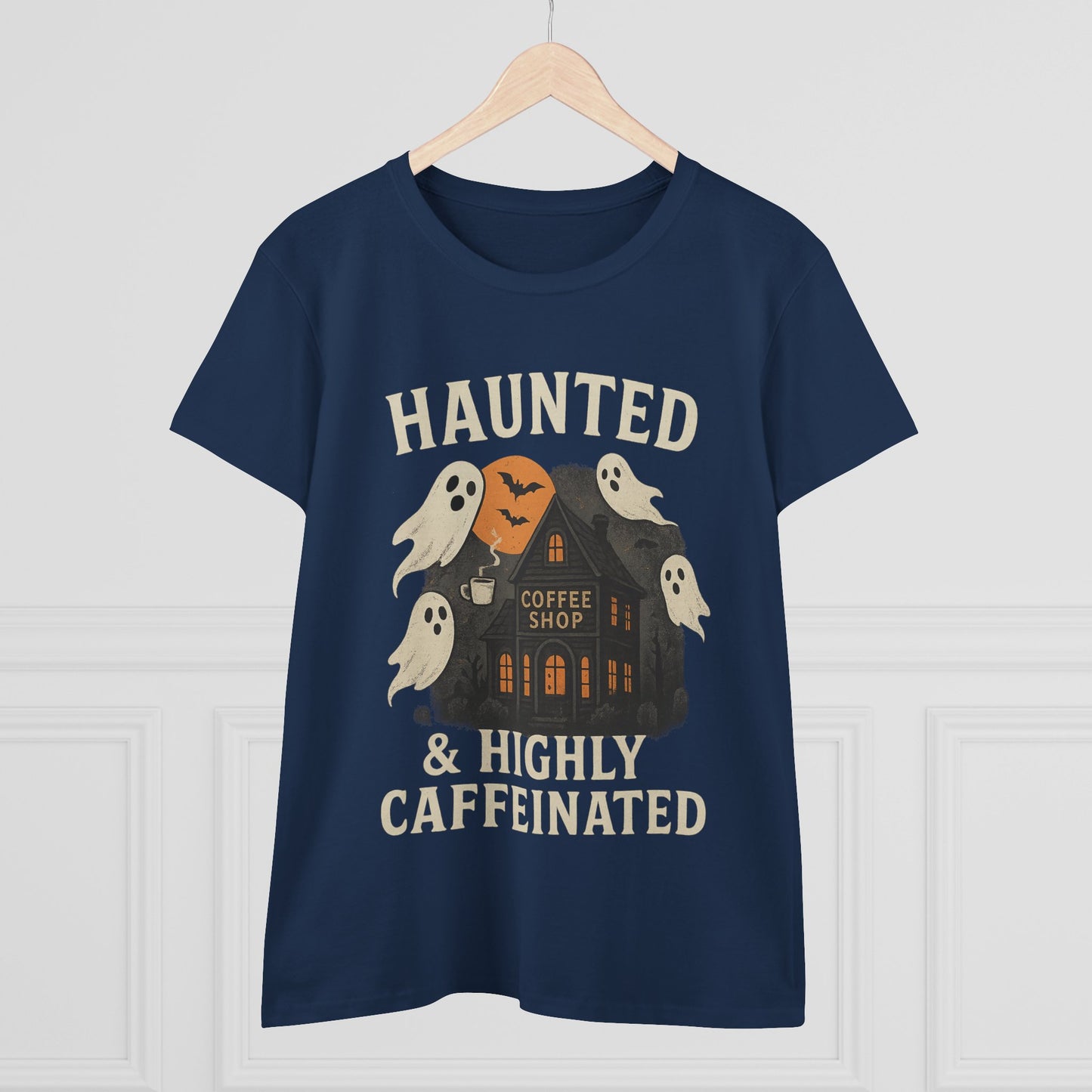 Haunted Coffee Shop Women's Tee, Spooky Halloween T-Shirt, Ghostly Graphic Tee, Gift for Coffee Lovers, Fall Fashion Top