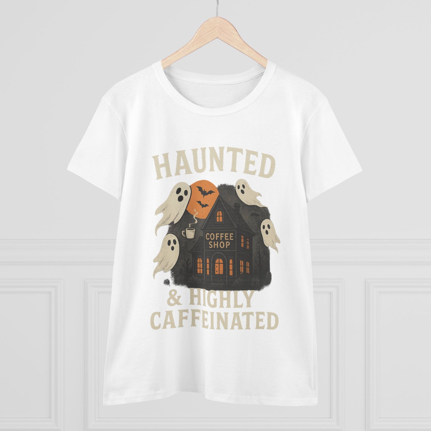 Haunted Coffee Shop Women's Tee, Spooky Halloween T-Shirt, Ghostly Graphic Tee, Gift for Coffee Lovers, Fall Fashion Top